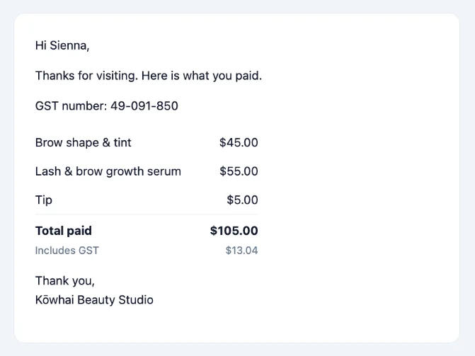 Your receipt from Kōwhai Beauty Studio
