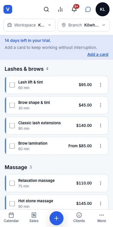 Services, categories, prices and durations — Result — in the Service menu under Lashes & brows — Phone