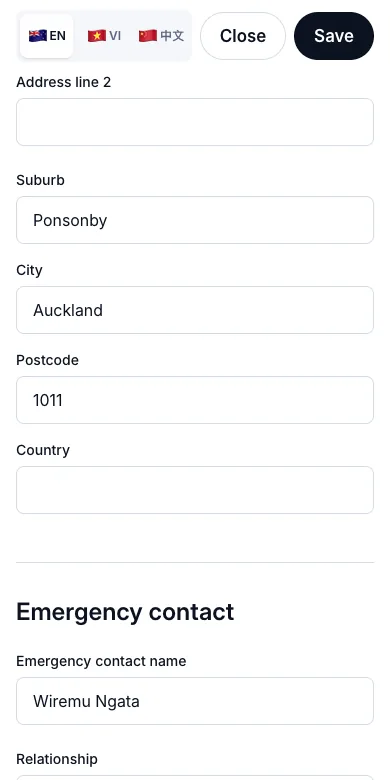 Full client record: date of birth, referral source, address, emergency contact — Address and emergency contact — Phone