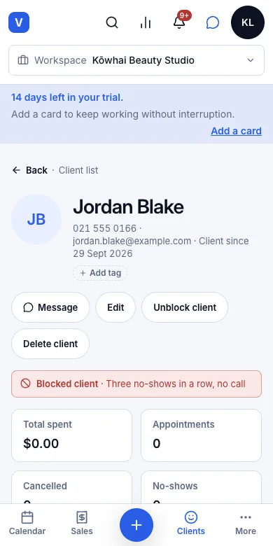 Block a client, and genuinely block them on the online booking page too — Result — Jordan Blake, blocked — Phone