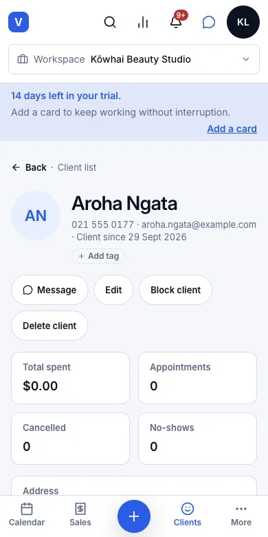 Full client record: date of birth, referral source, address, emergency contact — Result — Aroha Ngata's profile — Phone
