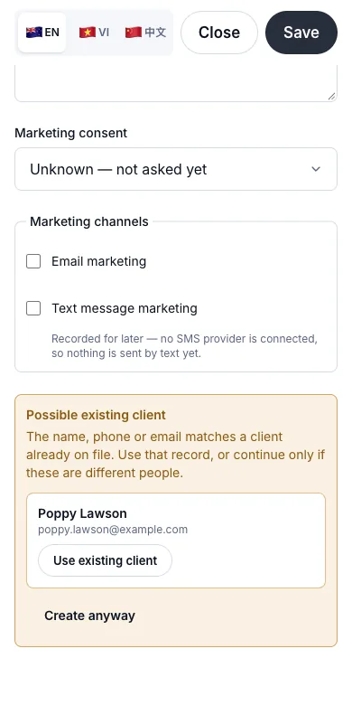 Duplicate detection when adding a client — Possible existing client — Phone