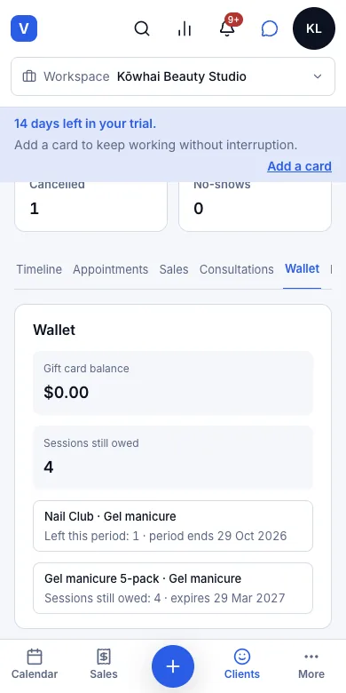 Client wallet: gift card balance plus remaining sessions — Poppy Lawson's wallet — Phone