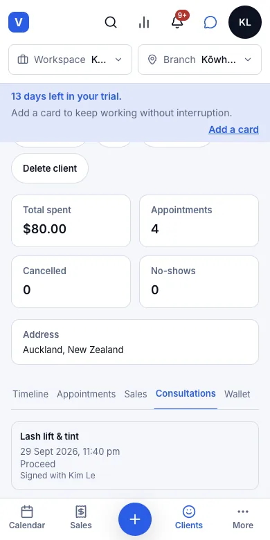 A saved form is read-only; a correction means a new one — The client's Consultations tab — Phone