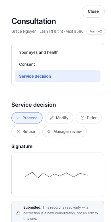 A saved form is read-only; a correction means a new one — Submitted — read-only — Phone