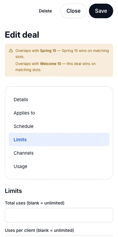 Caps per day and per client — Slots per day — 4 — Phone