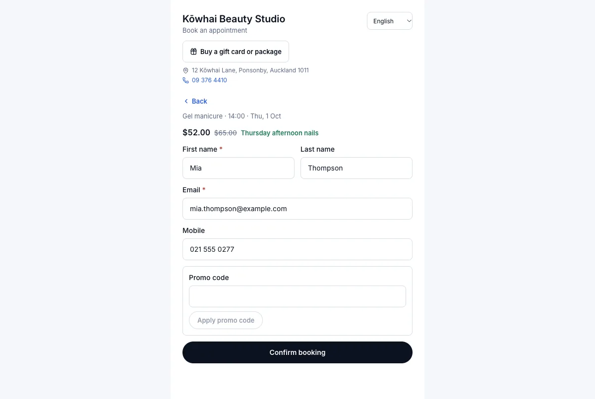 The deal price shows on the calendar before booking — 14:00 — $52.00, with the deal named — Computer