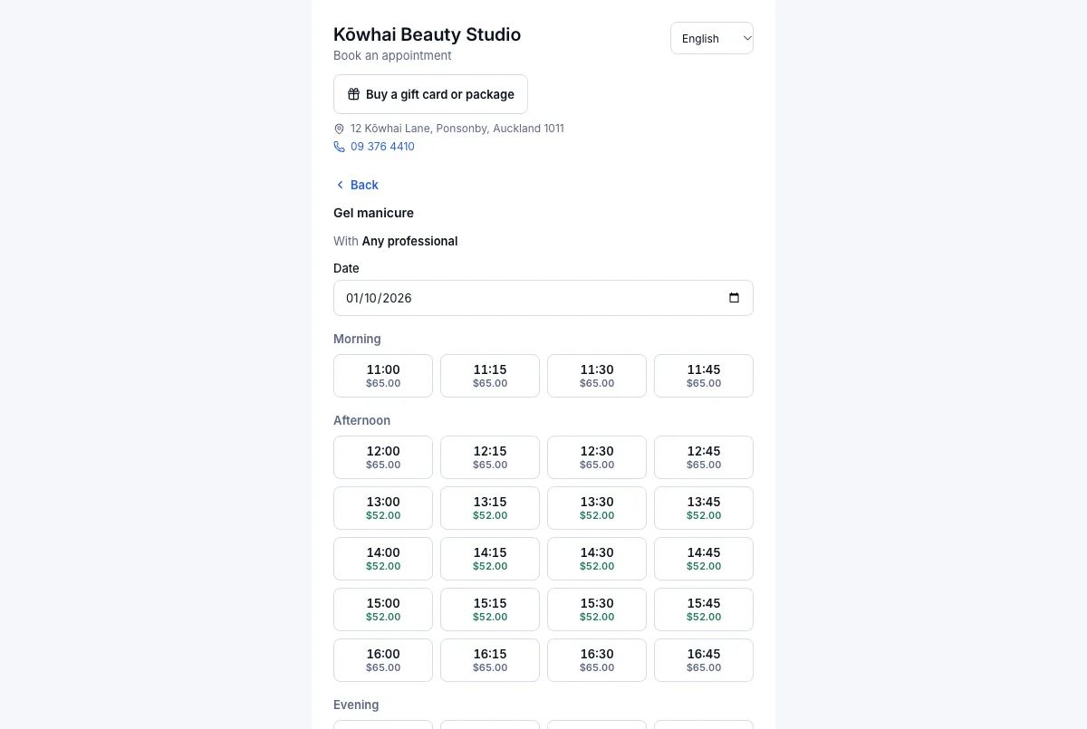 The deal price shows on the calendar before booking — Thursday 1 October — $52.00 in the afternoon window — Computer