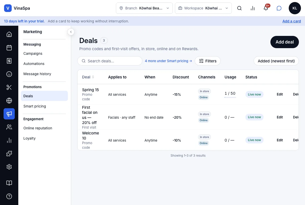 Promo codes a client types in — Deals — Spring 15, 1 of 50 used — Computer