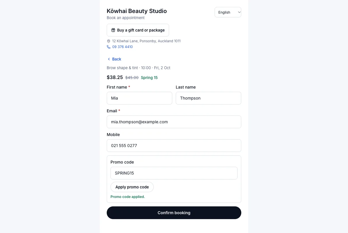 Promo codes a client types in — SPRING15 applied — $45.00 becomes $38.25 — Computer