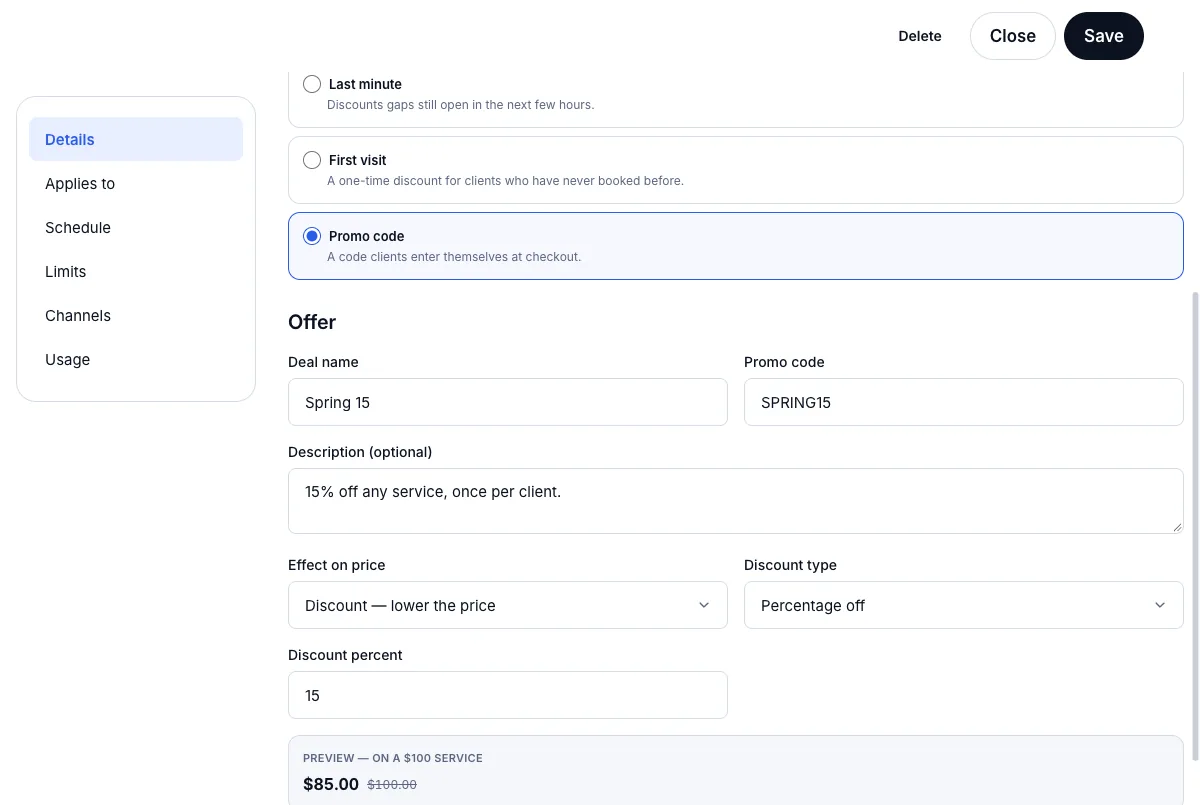 Promo codes a client types in — Promo code SPRING15, 15% off — Computer