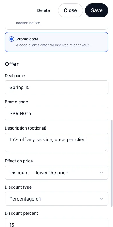 Promo codes a client types in — Promo code SPRING15, 15% off — Phone