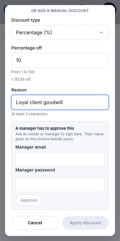 Discount approval by permission — A front-desk login — a manager has to approve this — Phone