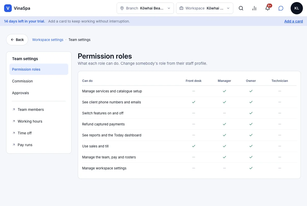 Four roles: owner, manager, front desk, therapist — Permission roles — what each role can do — Computer