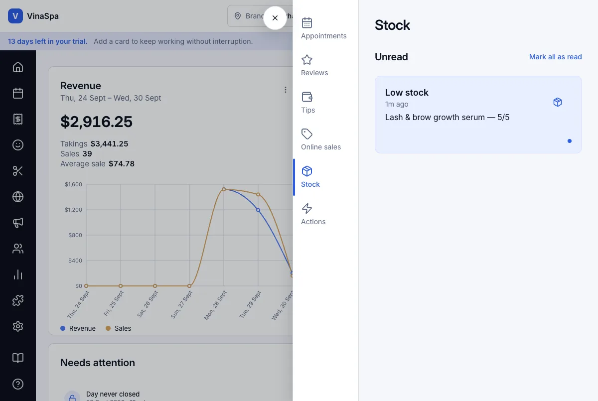 Low-stock warnings at the reorder level — Notifications → Stock — Low stock — Computer