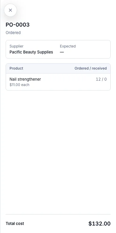 Retail products, sellable at the till — Receive PO-0003 — 12 arrived — Phone