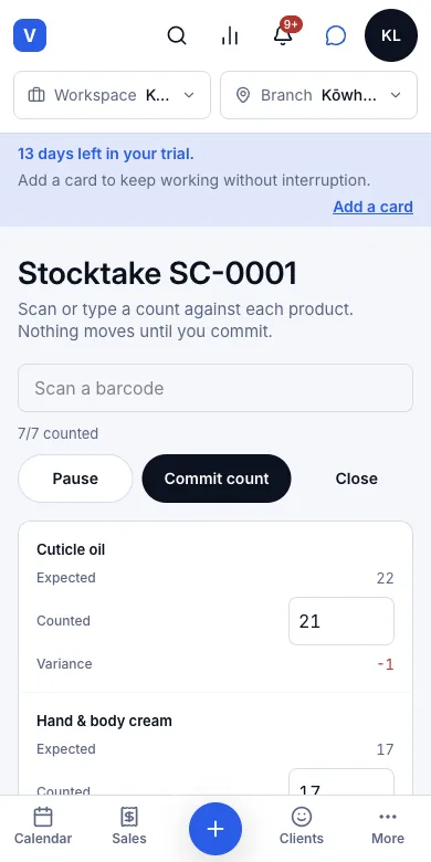 Regular stocktakes — SC-0001 — 7/7 counted, Cuticle oil −1 — Phone