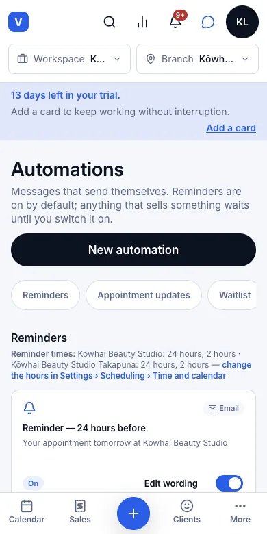 Two automatic reminders (24 hours and 2 hours before) — Reminders — 24 hours and 2 hours, both On — Phone