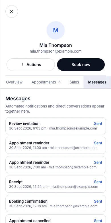 Review everything sent to each client, failed emails included — Mia Thompson — Messages — Phone