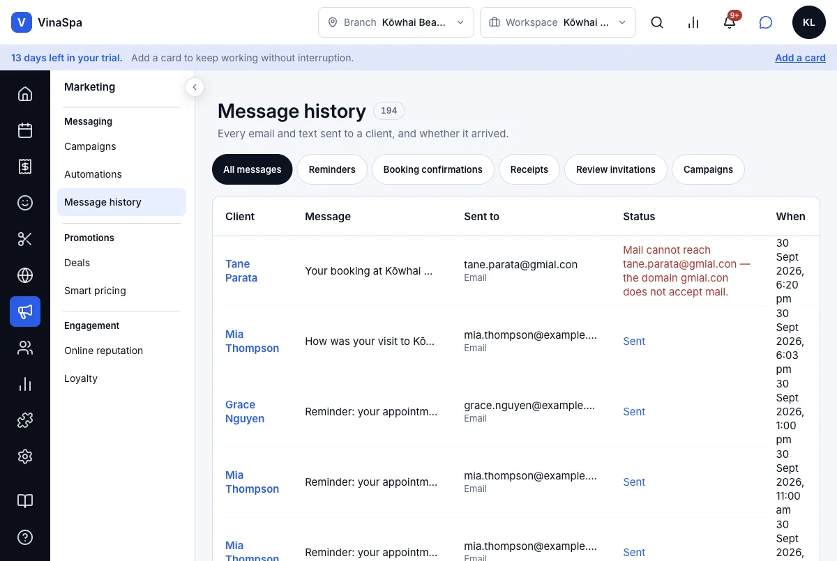 Review everything sent to each client, failed emails included — Message history — a failed confirmation above Mia's sent emails — Computer