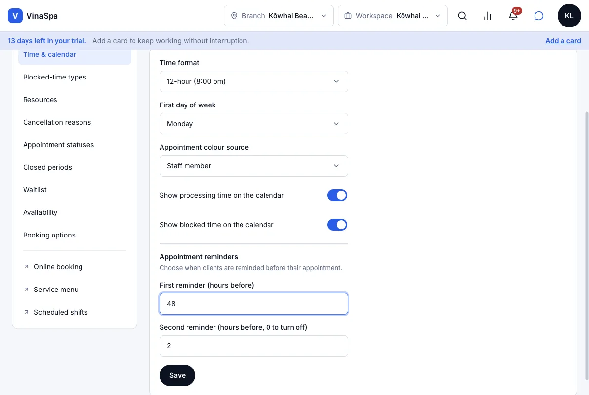 The salon sets how many hours ahead to remind — Appointment reminders — first reminder changed to 48 hours — Computer