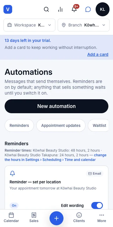 The salon sets how many hours ahead to remind — Result — 48 hours for Kōwhai, 24 for Takapuna — Phone
