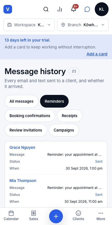 Two automatic reminders (24 hours and 2 hours before) — Message history → Reminders — Mia's two reminders, one for each visit — Phone