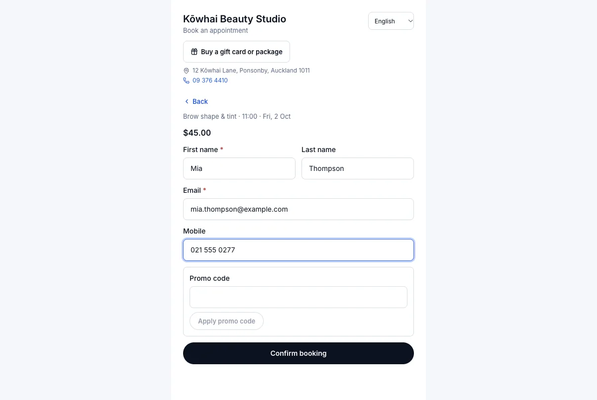 The salon's own booking page — Mia Thompson's details, ready to confirm — Computer