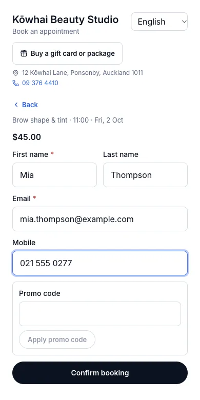 The salon's own booking page — Mia Thompson's details, ready to confirm — Phone