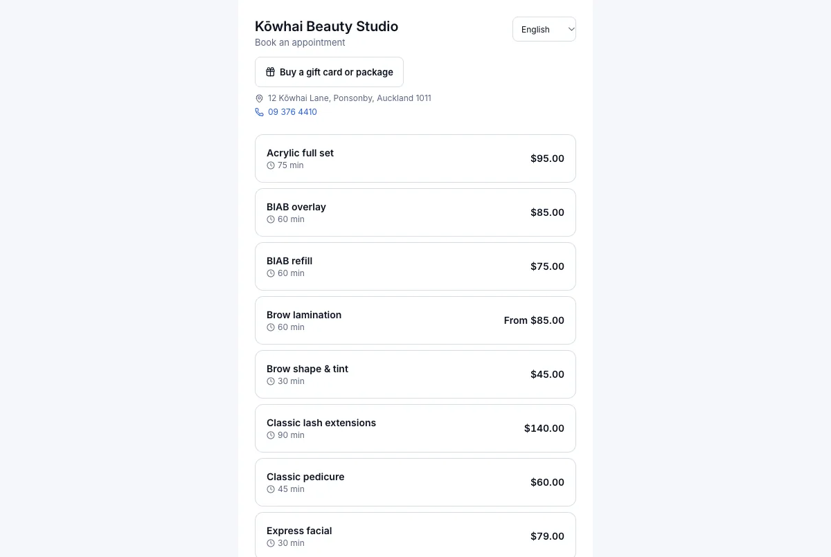 The salon's own booking page — Result — the page clients see — Computer
