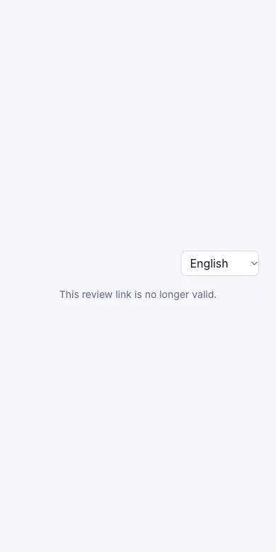 A review page a client can open once — The same link opened again — Phone