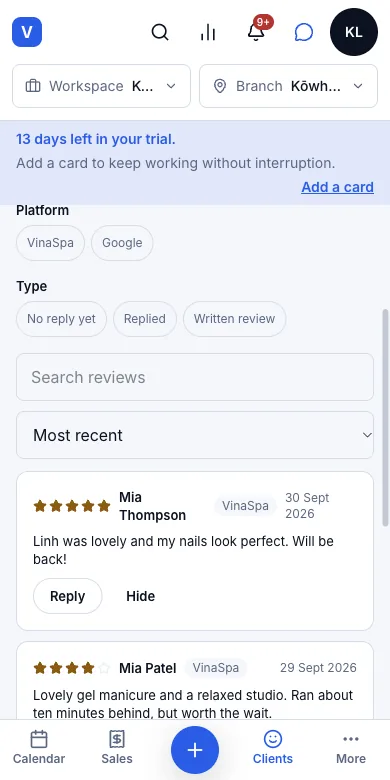 A review page a client can open once — Mia Thompson's review at the top of All reviews — Phone