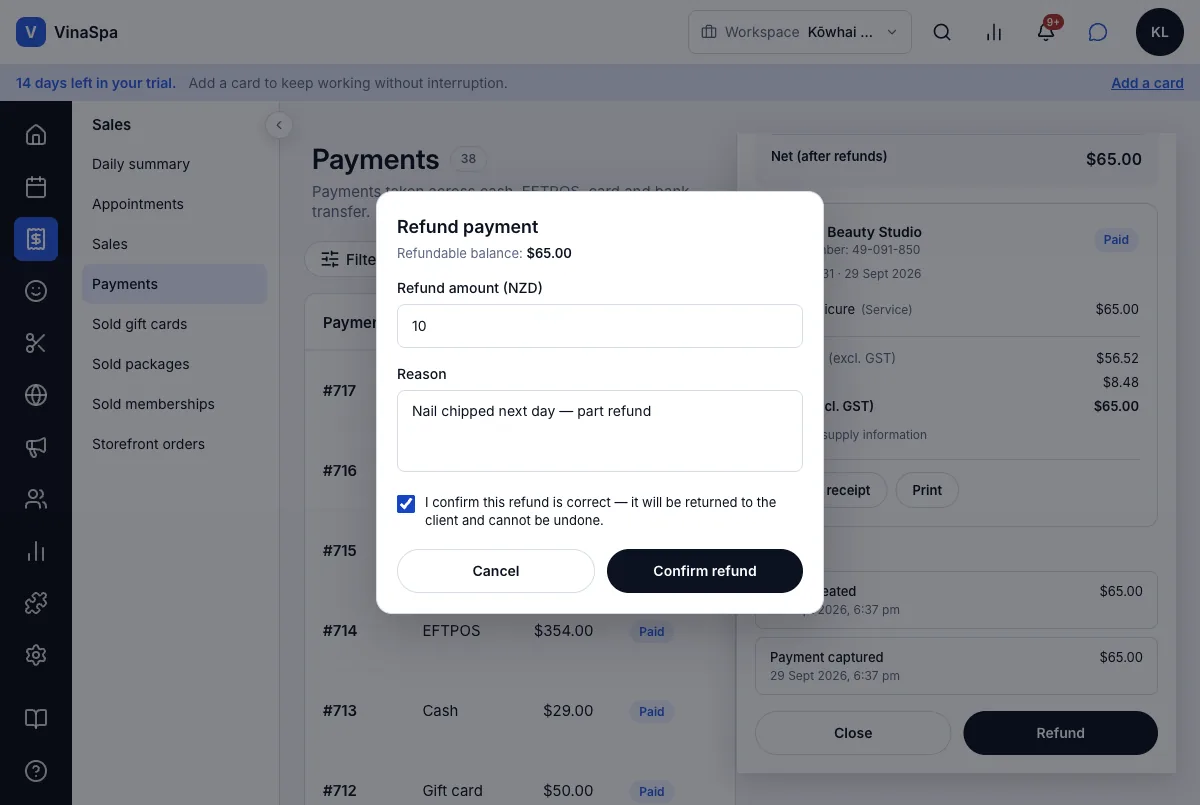 Partial or full refunds — $10 back on payment #717 — Computer