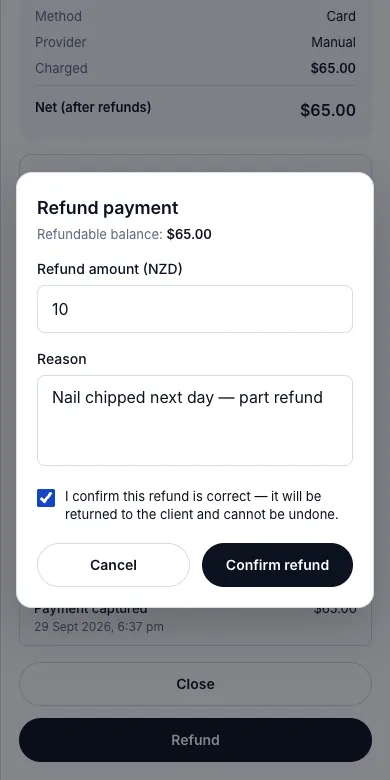 Partial or full refunds — $10 back on payment #717 — Phone