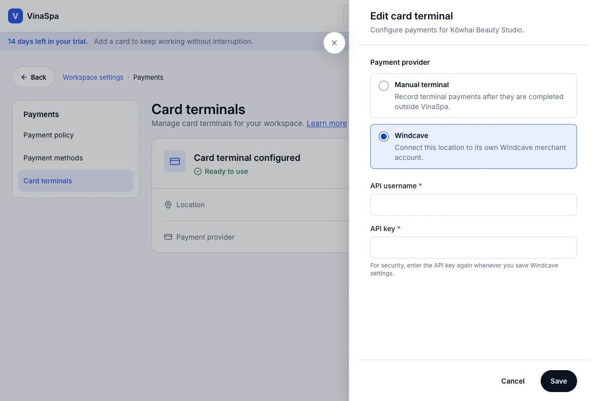 Card payment through Windcave — Windcave chosen — the two fields Windcave supplies — Computer