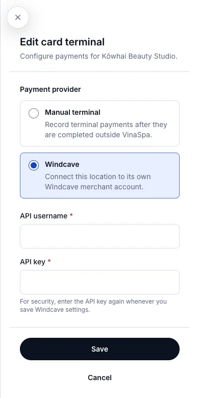 Card payment through Windcave — Windcave chosen — the two fields Windcave supplies — Phone