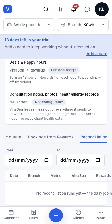 Clients get cashback and the salon pays no monthly fee — Reconciliation — no runs yet — Phone