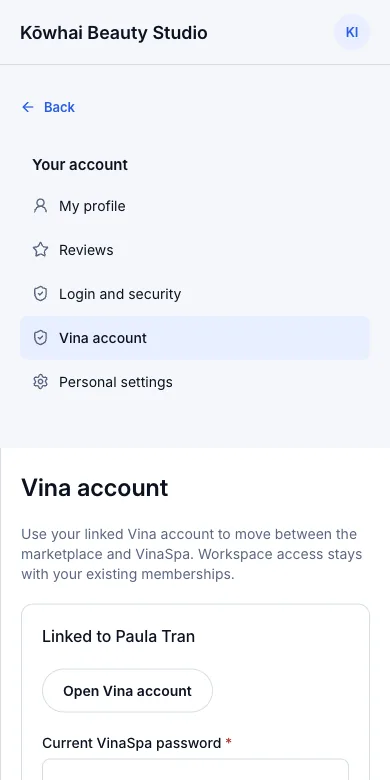 Take bookings from the VinaRewards app — Vina account — linked to Paula Tran — Phone