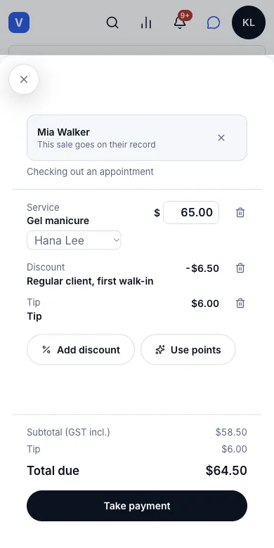 Counter sales, split across several payment methods — The till for Mia Walker's gel manicure — discount and tip already added — Phone