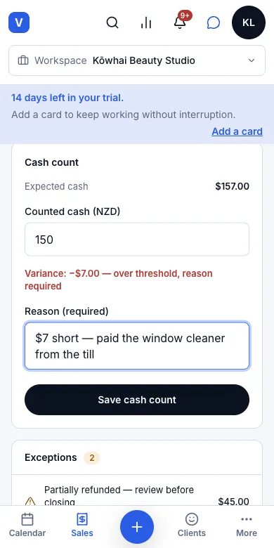 Close the day, count the cash, lock the books — Counted $150 against $157 expected — reason required — Phone