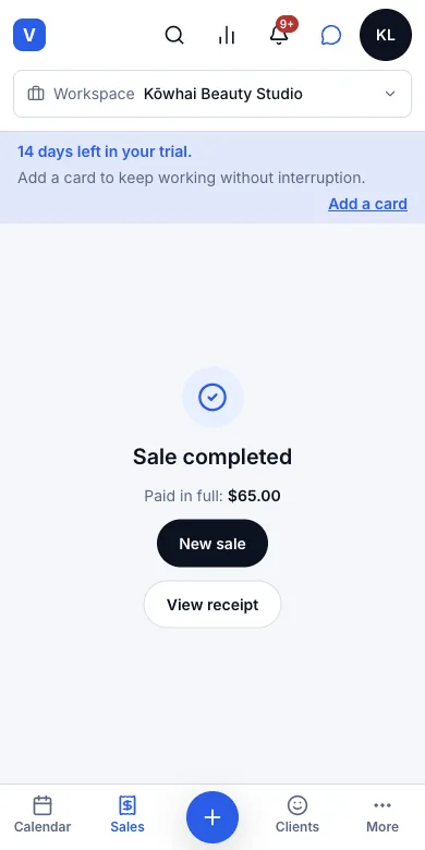 Send the client a receipt after payment — Sale completed — the receipt is on its way — Phone