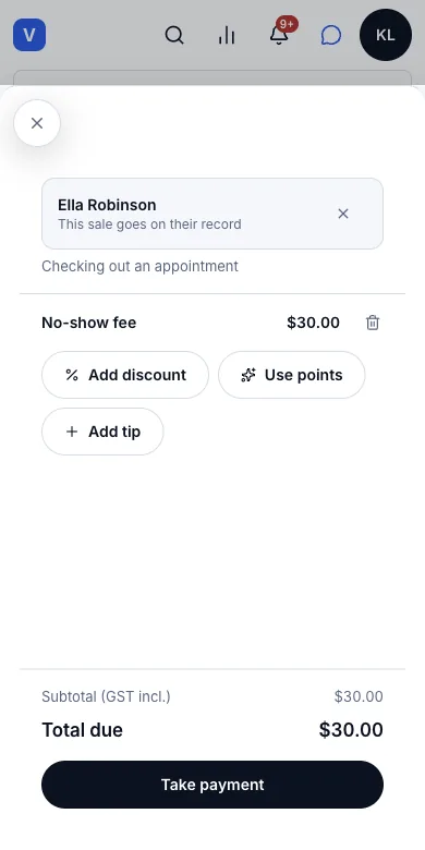 Late-cancellation and no-show fees — Result — the $30.00 fee in the till — Phone