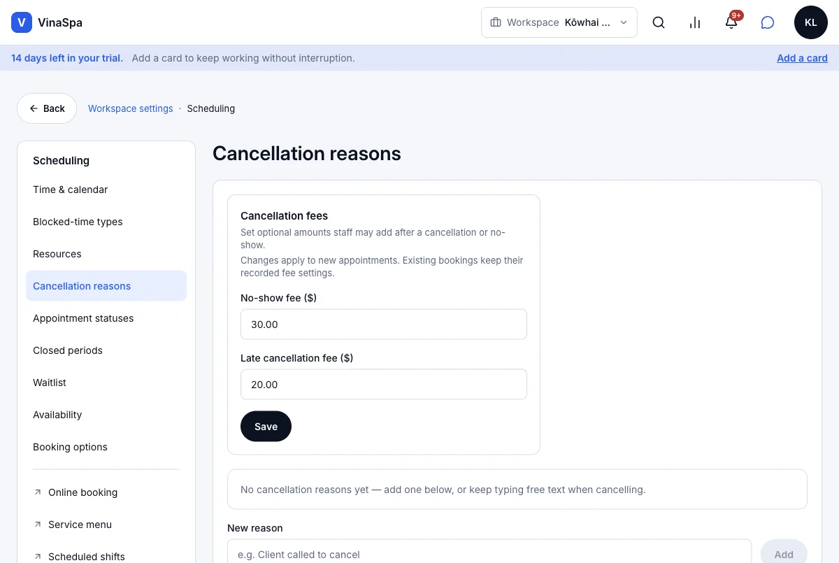 Late-cancellation and no-show fees — No-show $30, late cancellation $20 — Computer