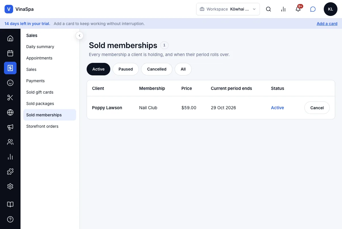 Sell memberships — Result — Poppy Lawson, Nail Club, active until 29 Oct 2026 — Computer