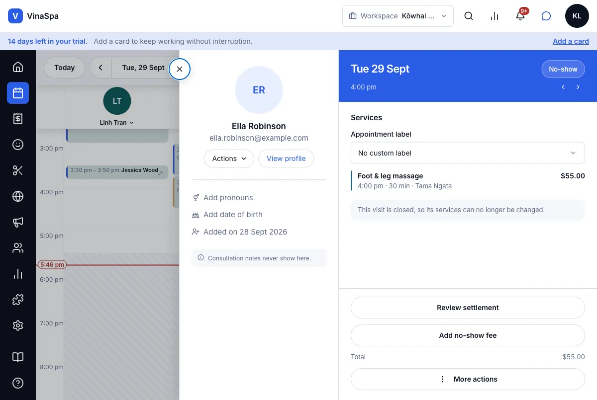 Late-cancellation and no-show fees — A no-show — Add no-show fee — Computer