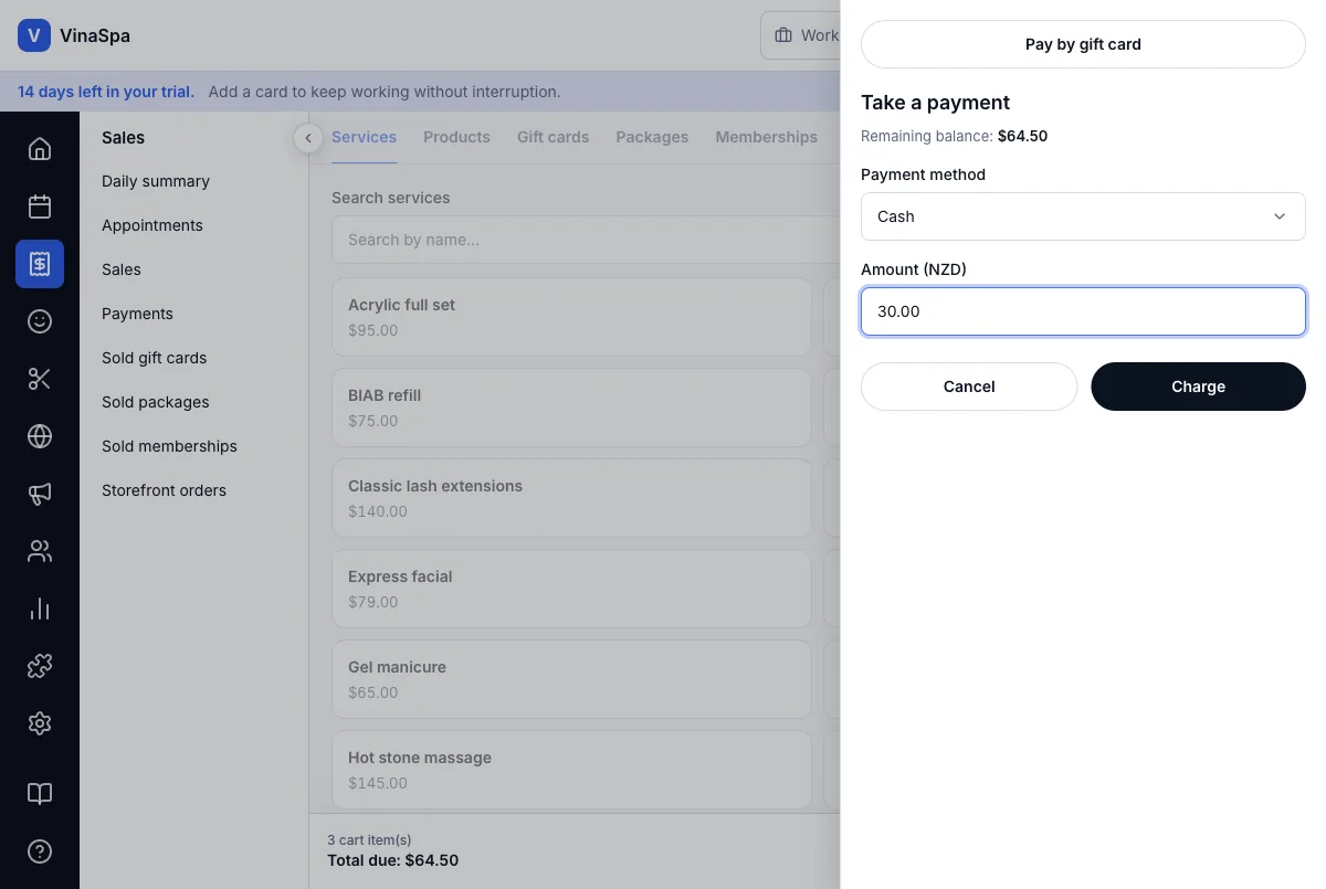 Counter sales, split across several payment methods — Take a payment — $64.50 due — Computer