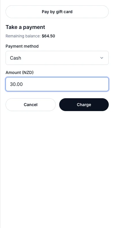 Counter sales, split across several payment methods — Take a payment — $64.50 due — Phone