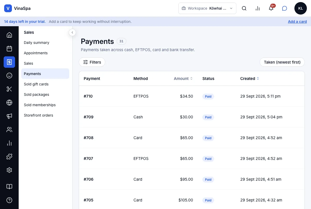 Counter sales, split across several payment methods — Payments — the cash part and the EFTPOS part as two rows — Computer