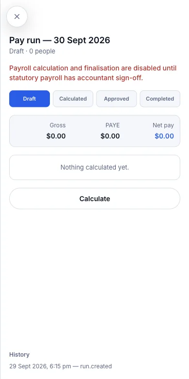 Staff commission and payroll (partly) — Result — a draft run; Calculate is switched off for now — Phone