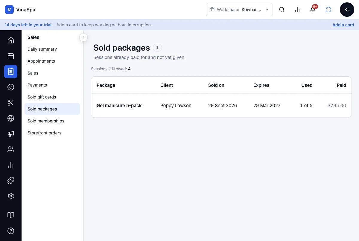 Sell prepaid packages and spend them at the till — Result — 1 of 5 used, 4 sessions still owed — Computer